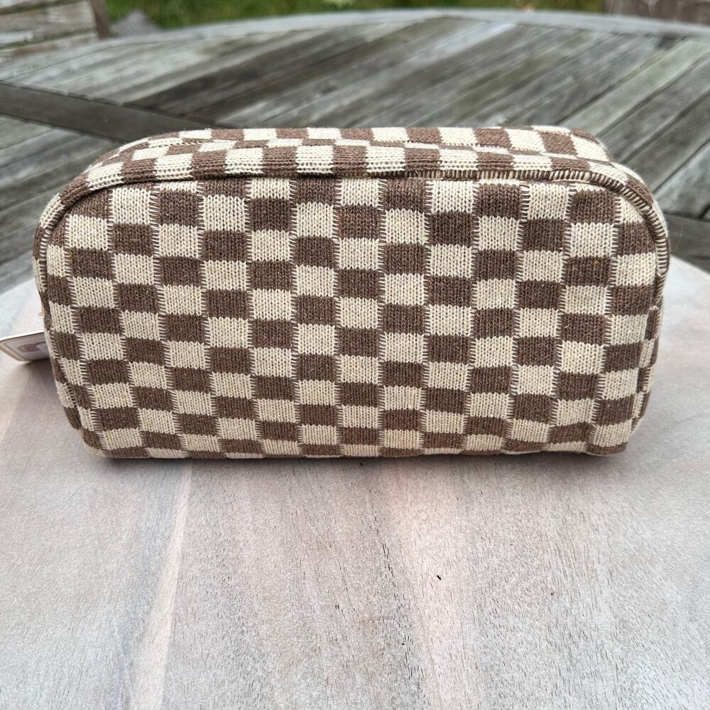 New Checkered Brown Tan Makeup Bag Cosmetic Bag Travel Bag Zipper Clutch New